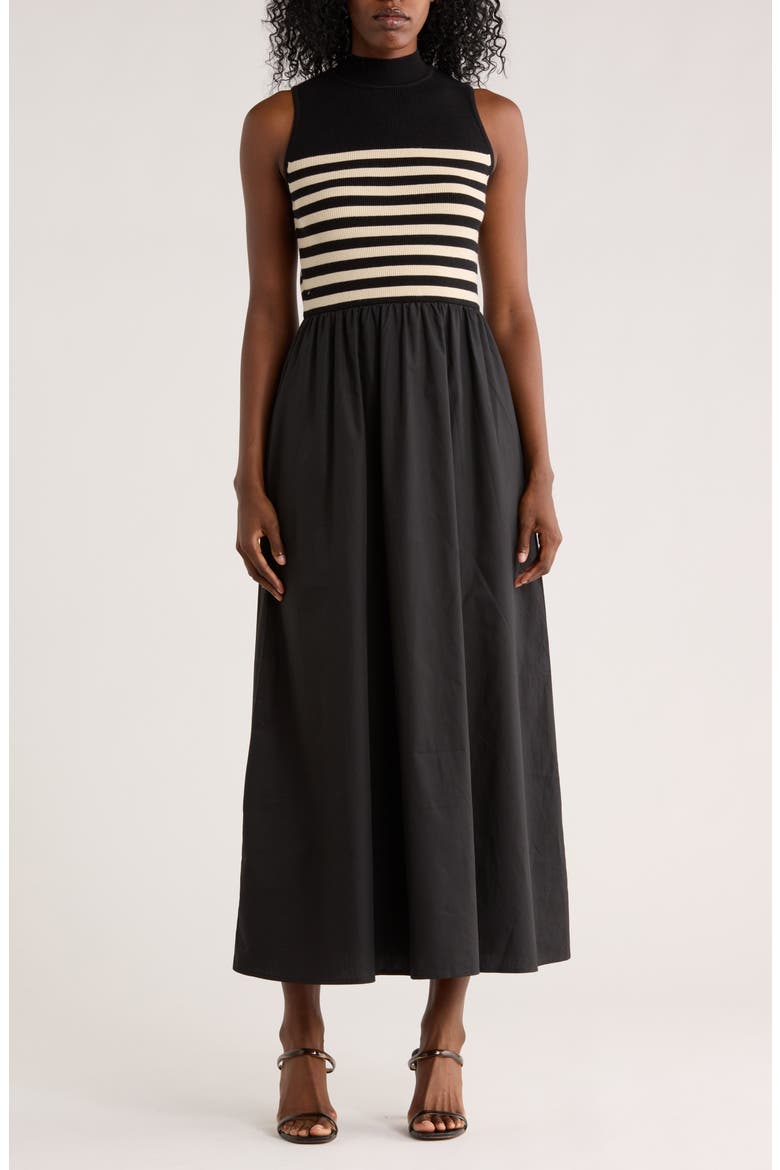 Country Club Sleeveless Mixed Media Maxi Dress, Main, color, IDEAL BLACK/ CANVAS STRIPE