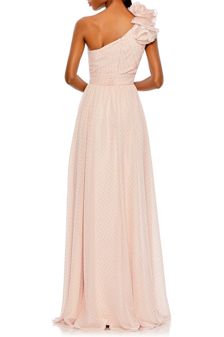 Women's One Shoulder Polka Dot Chiffon Gown With Ruffle Detail, Alternate, color, PORCELAIN