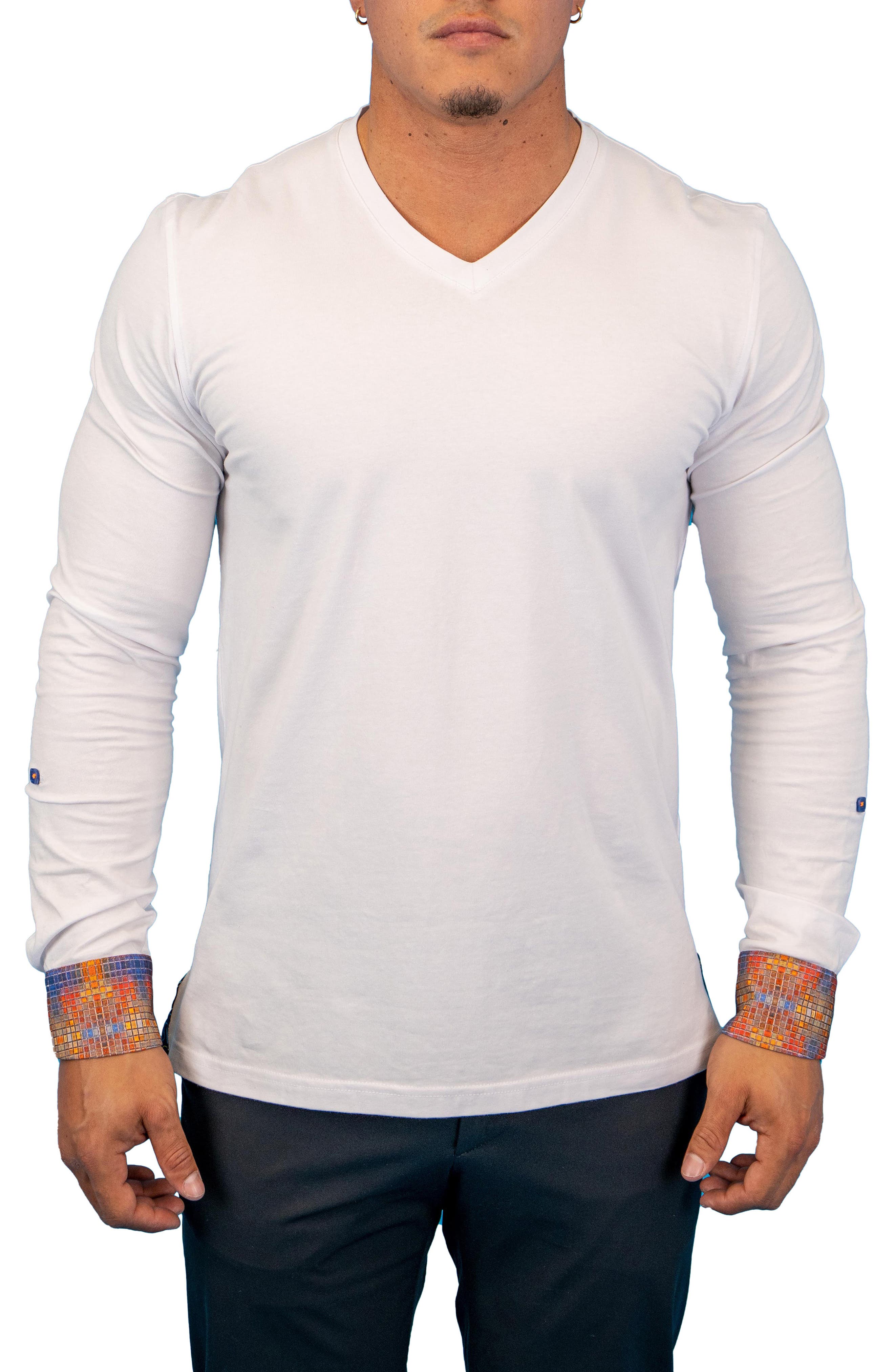 Maceoo Edison White Multi Square V-Neck Long Sleeve T-Shirt