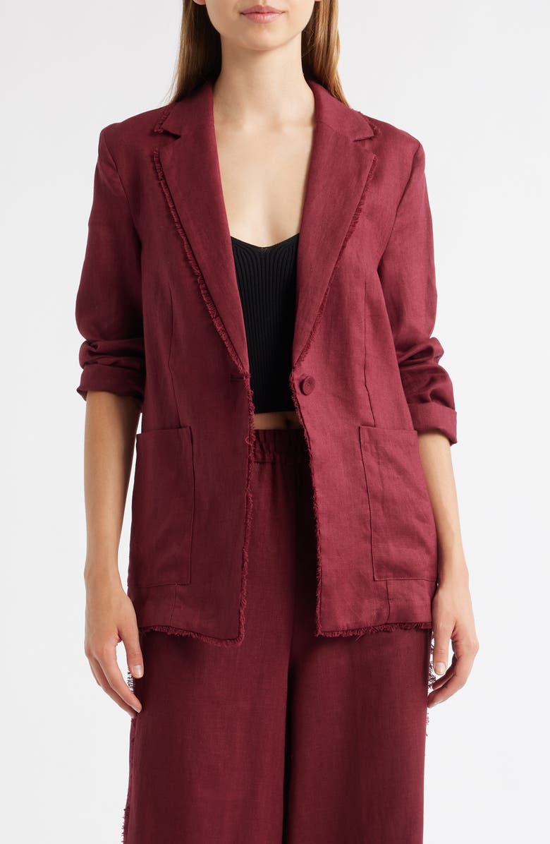 MANGO Tarida Frayed Linen Blazer, Main, color, Wine