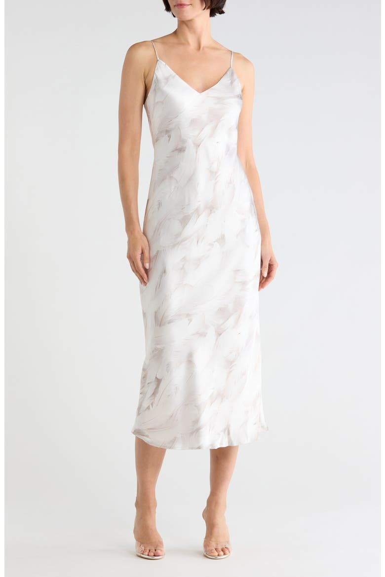 Seridie Feather Print Midi Slipdress, Main, color, WHITE FEATHER PRINT