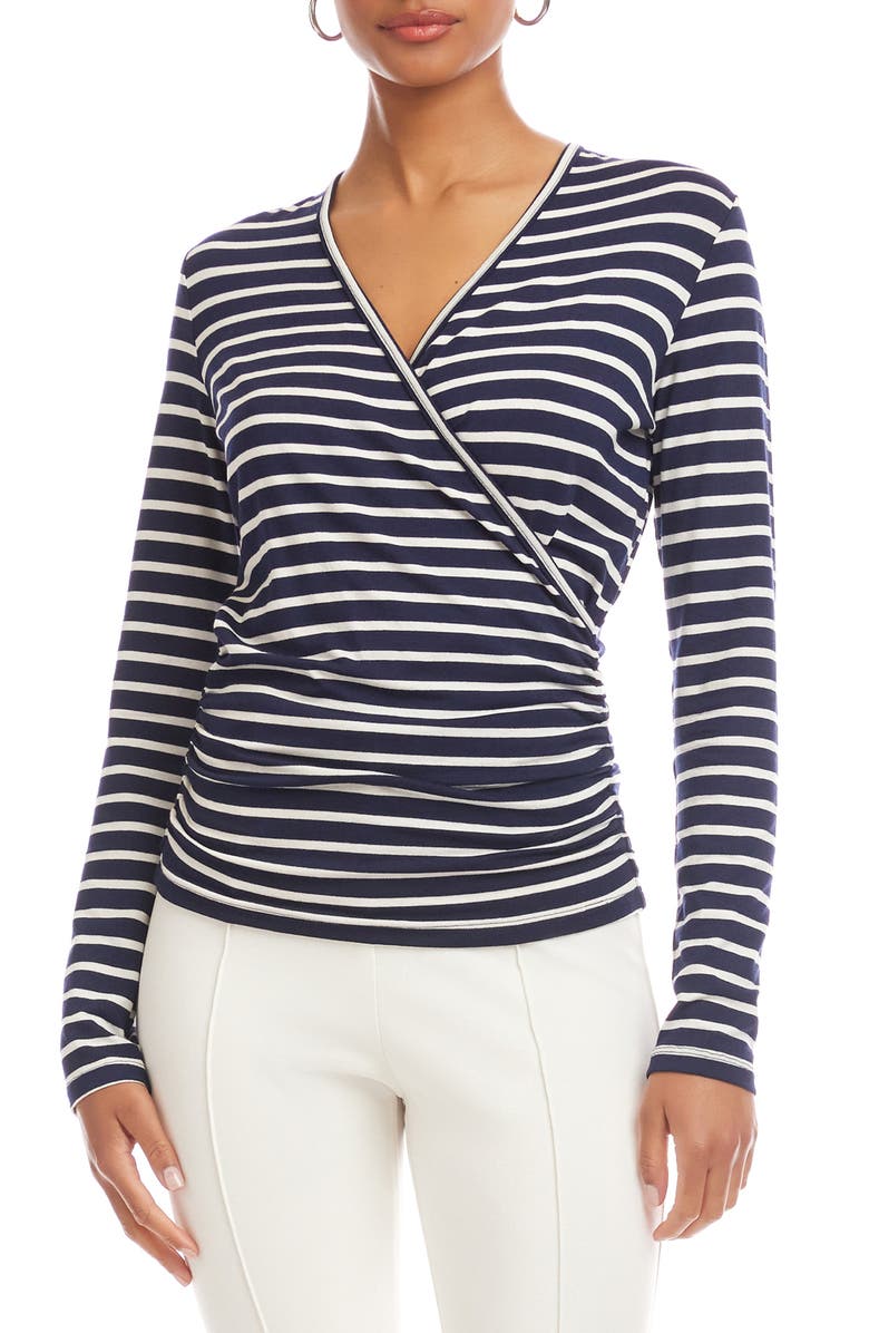 Karen Kane Stripe Crossover Ruched Top, Main, color, Stripe