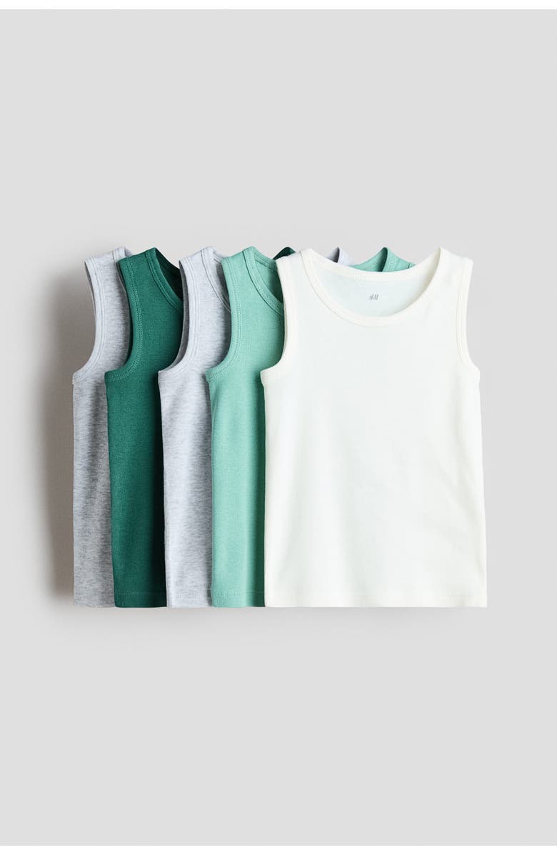 H&M 5-pack Cotton Vest Tops, Main, color, Cream/Green/Light Gray Melange