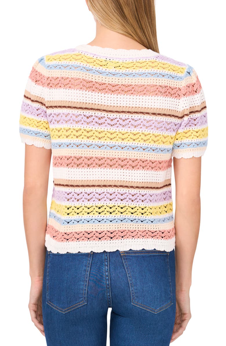 CeCe Stripe Pointelle Stitch Short Sleeve Cotton Sweater, Alternate, color, 