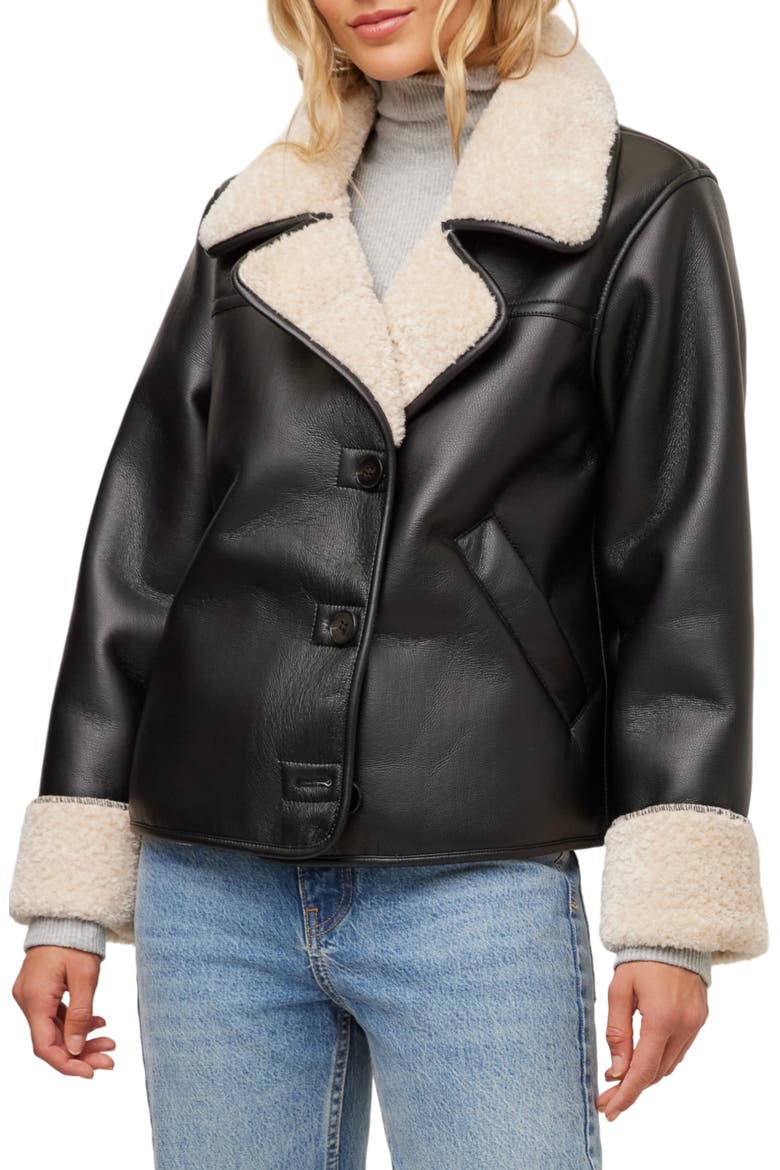 Tara Faux Leather & Faux Shearling Jacket, Main, color, BLACK/ CREAM