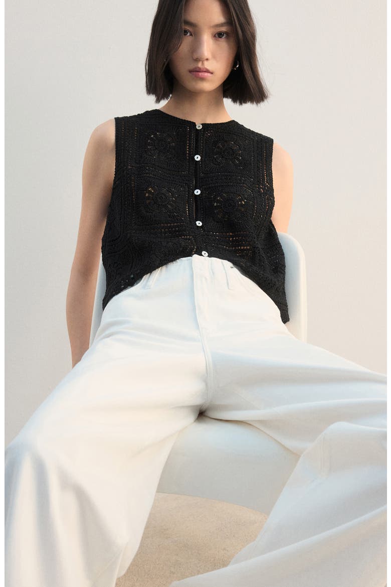 Sleeveless Crochet Button-Up Top, Alternate, color, BLACK