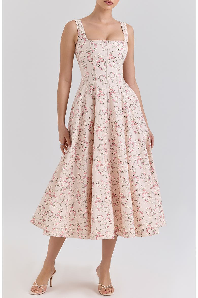 Mariabella Lace-Up Stretch Cotton Midi Dress, Main, color, VINTAGE FLORAL CREAM