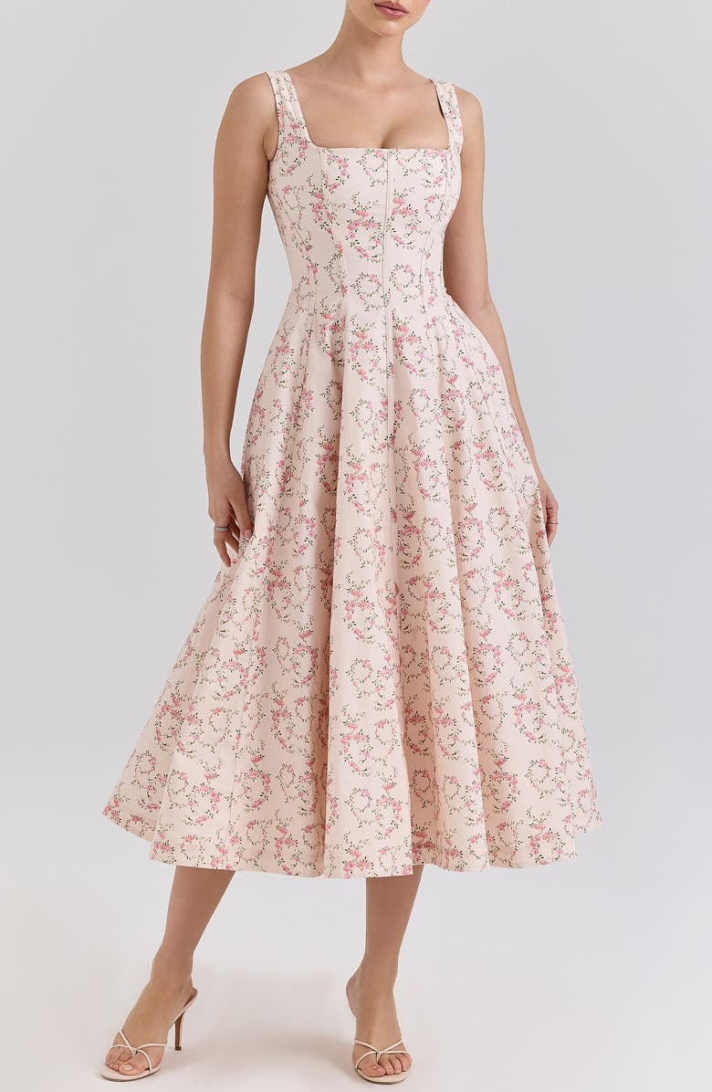 HOUSE OF CB Mariabella Lace-Up Stretch Cotton Midi Dress, Main, color, Vintage Floral Cream
