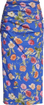 Carolina Herrera Poppy Print Ruched Pencil Skirt