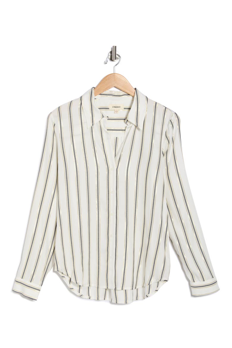 Holly Long Sleeve Button-Up Shirt, Alternate, color, IVORY/ BLACK/ GOLD STRIPE