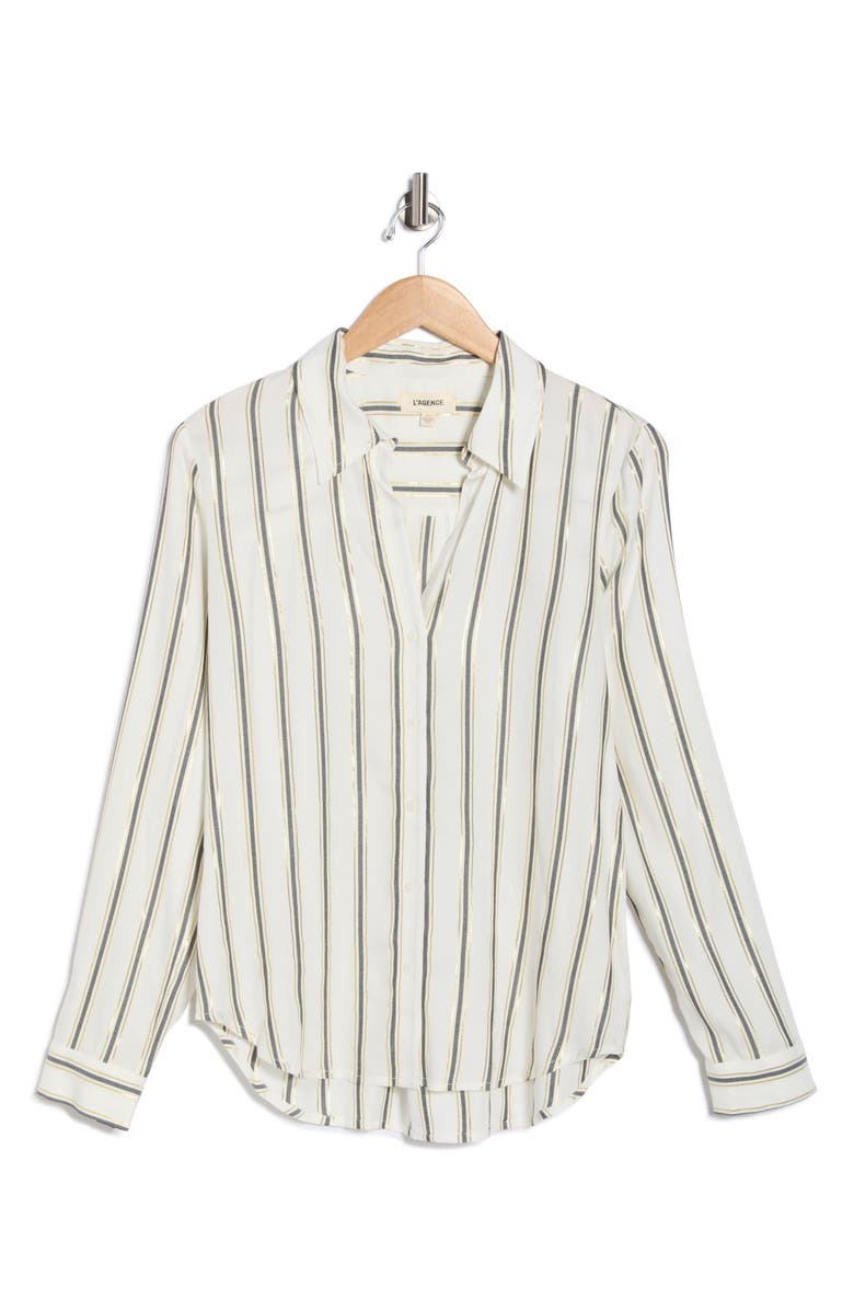 L'AGENCE Holly Long Sleeve Button-Up Shirt, Main, color, Ivory/ Black/ Gold Stripe