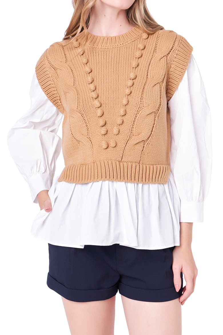 Mixed Media Cable Stitch Sweater, Alternate, color, TAN/ WHITE