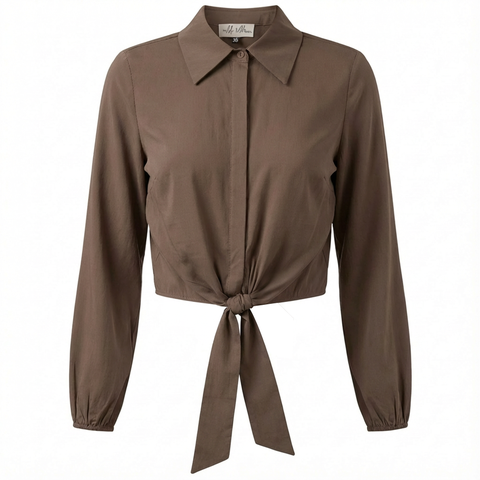 Cropped Hidden Placket Hem Tie Blouse
