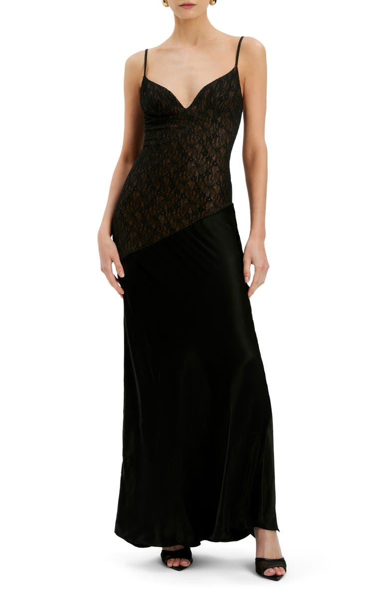 Bardot Aralia Lace Satin Dress, Main, color, Black