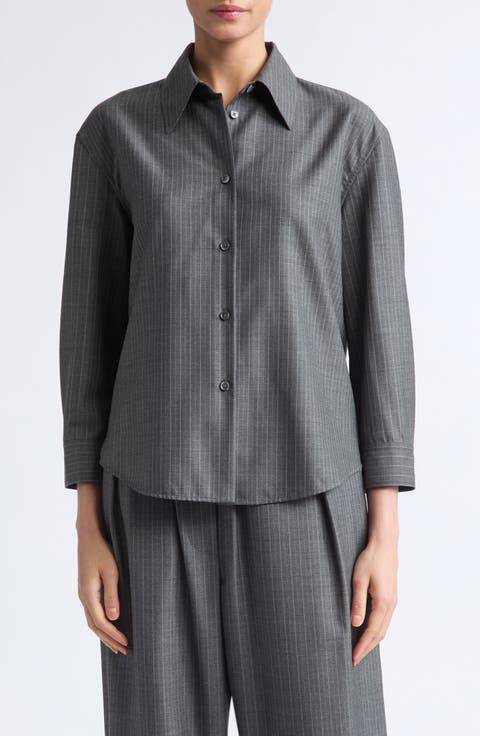 Pinstriped Wool Cropped Boxy Shirt