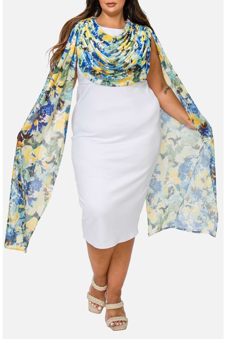 Evolette Floral Cape Sheath Dress, Alternate, color, WHITE