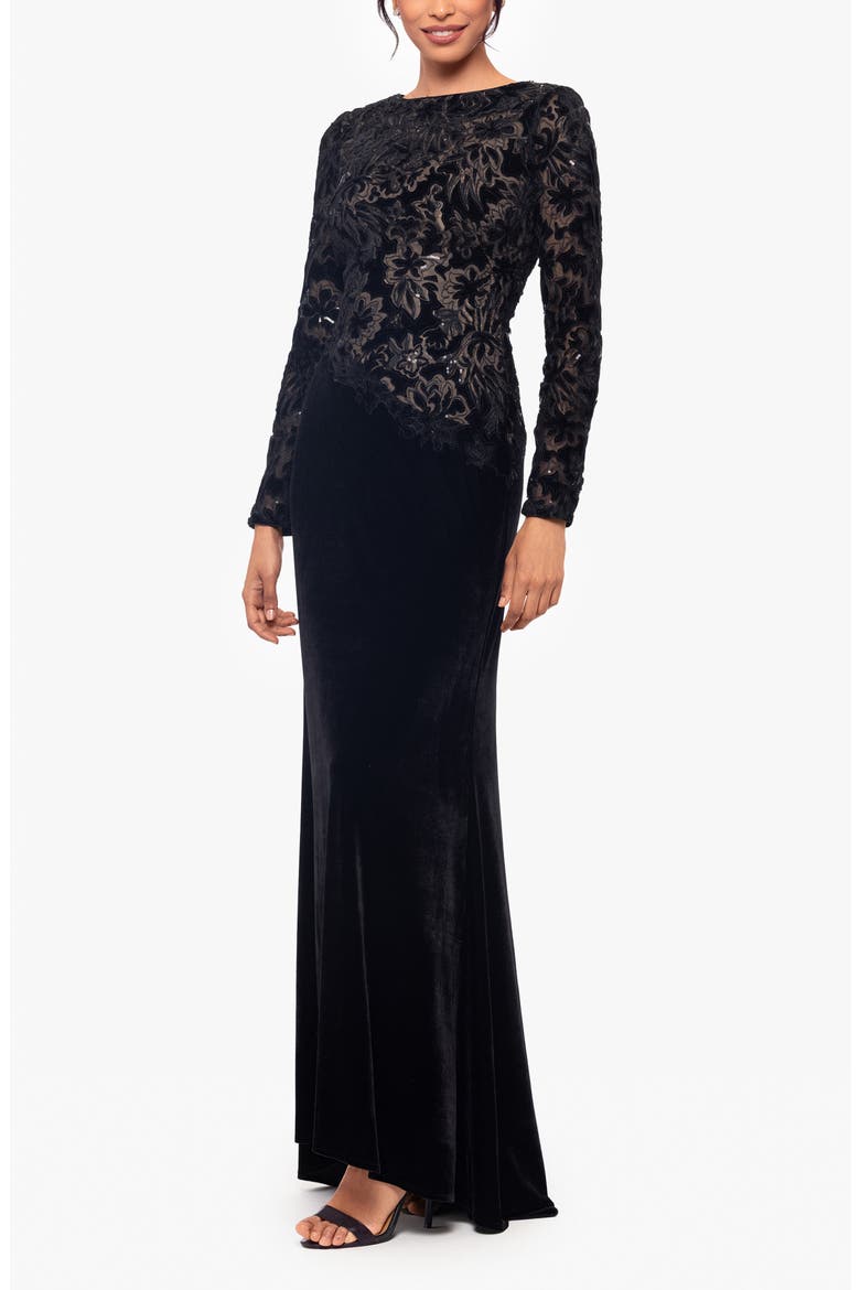 Sequin & Velvet Long Sleeve Gown, Alternate, color, BLACK/ NUDE