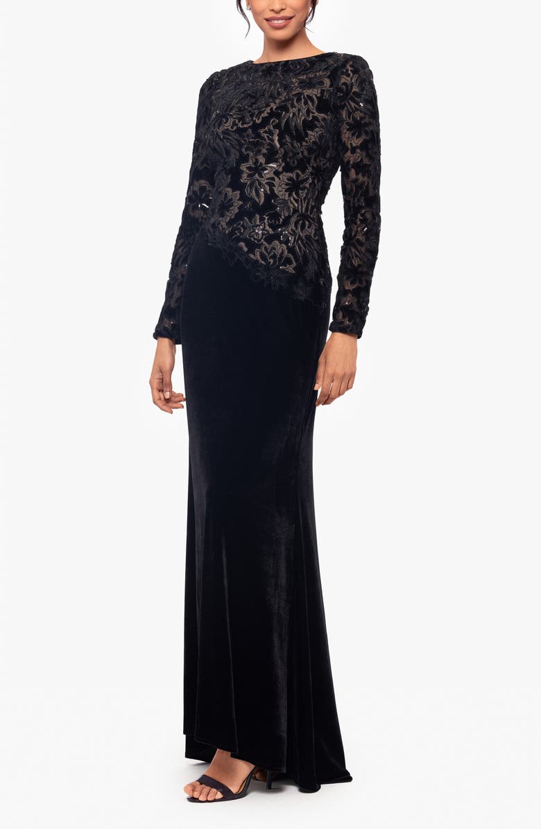 Betsy & Adam Sequin & Velvet Long Sleeve Gown, Alternate, color, Black/ Nude