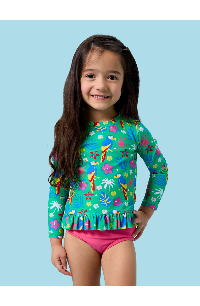 RuffleButts Toddler Girls UPF50+ Long Sleeve Rash Guard Bikini, Alternate, color, Parrot Palms