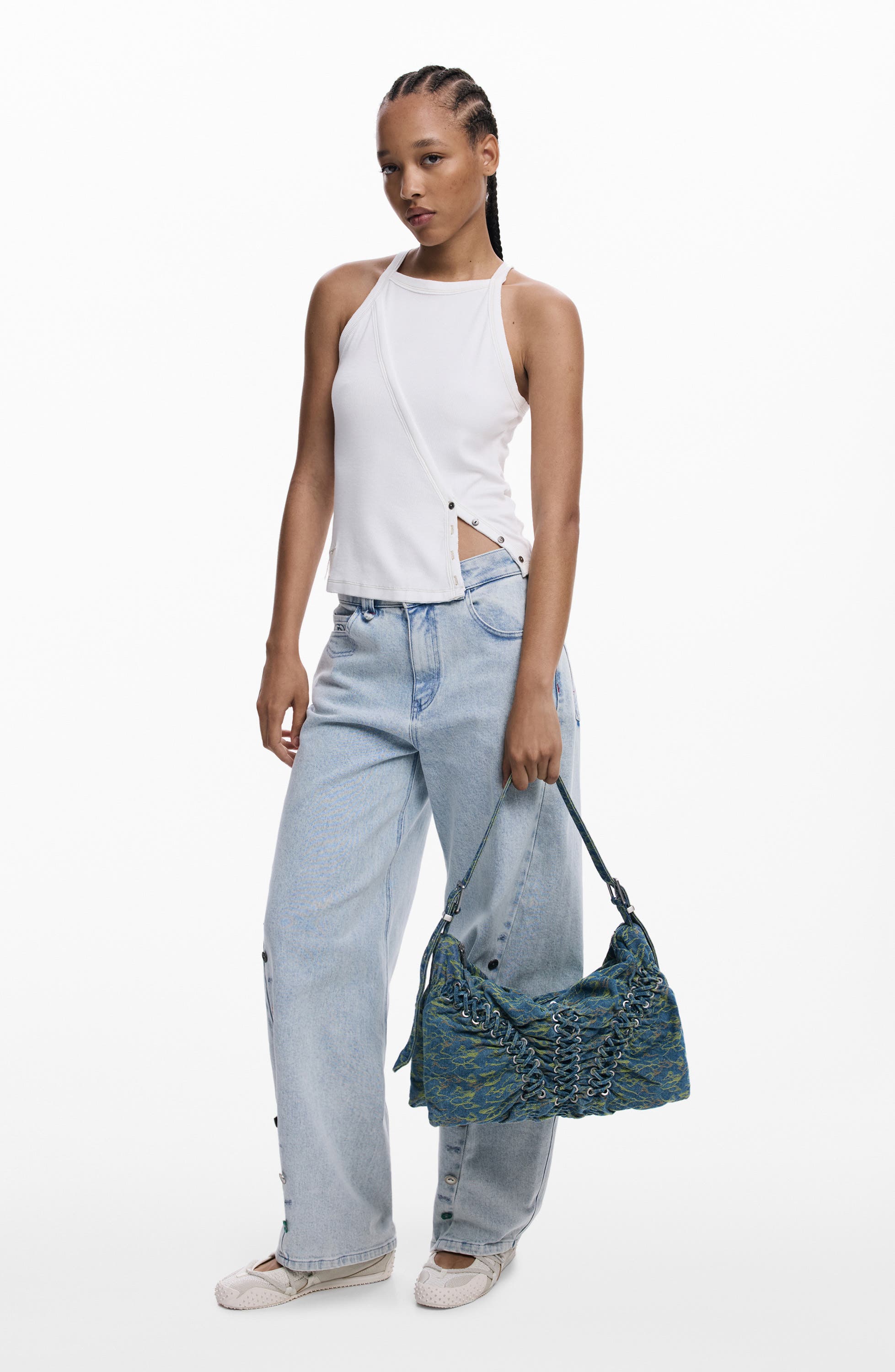 Desigual Lace-Up Denim Shoulder Bag, Alternate, color, Blue