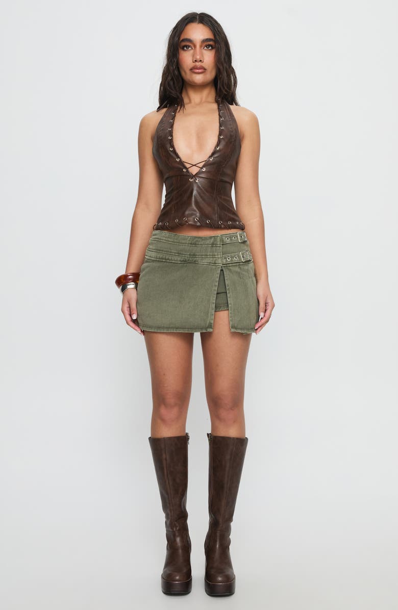 Princess Polly Generous Faux Wrap Denim Skort, Alternate, color, Washed Khaki