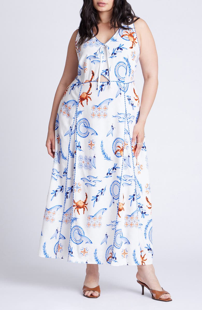 ELOQUII Roping Detail Print Sleeveless Maxi Dress, Main, color, 
