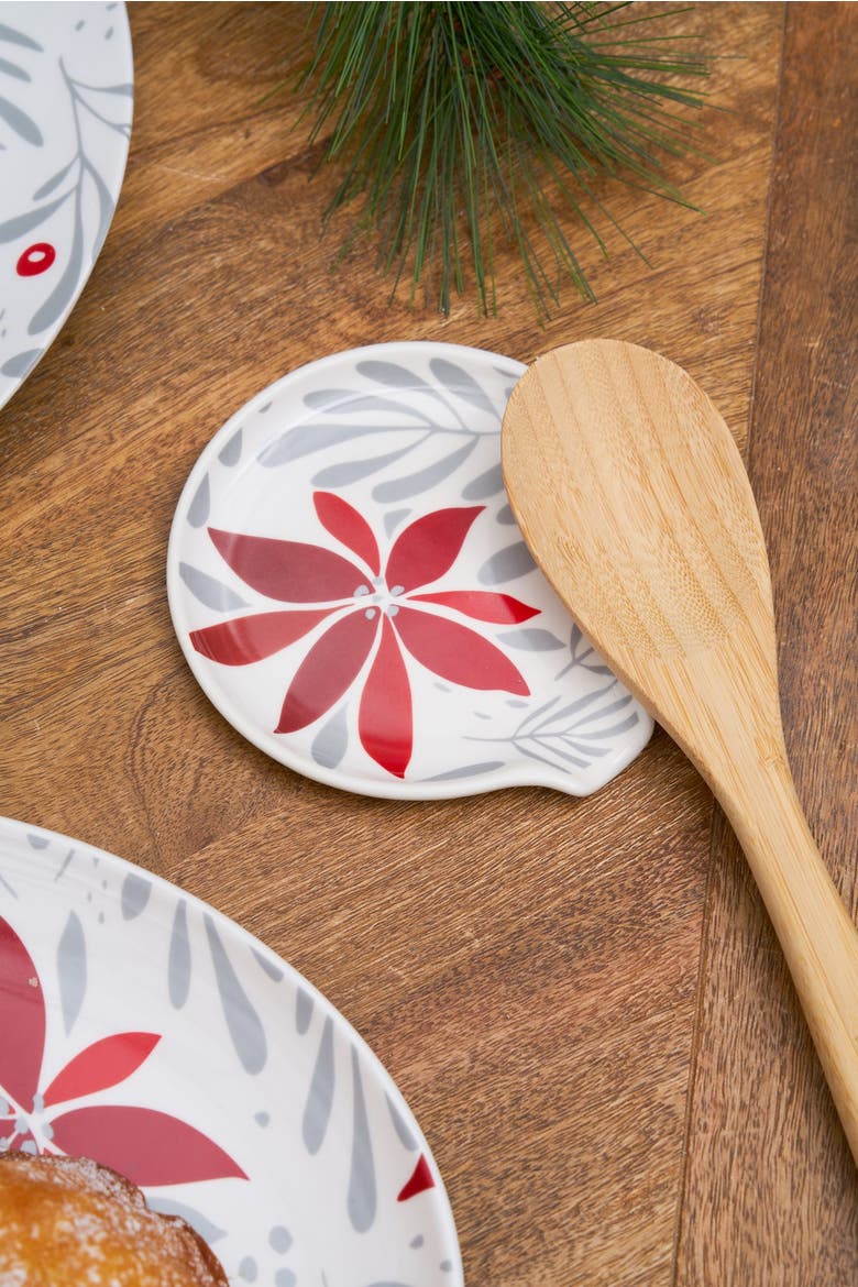 Poinsettia Flower 100% Stoneware Christmas Spoon Rest 5", Alternate, color, White