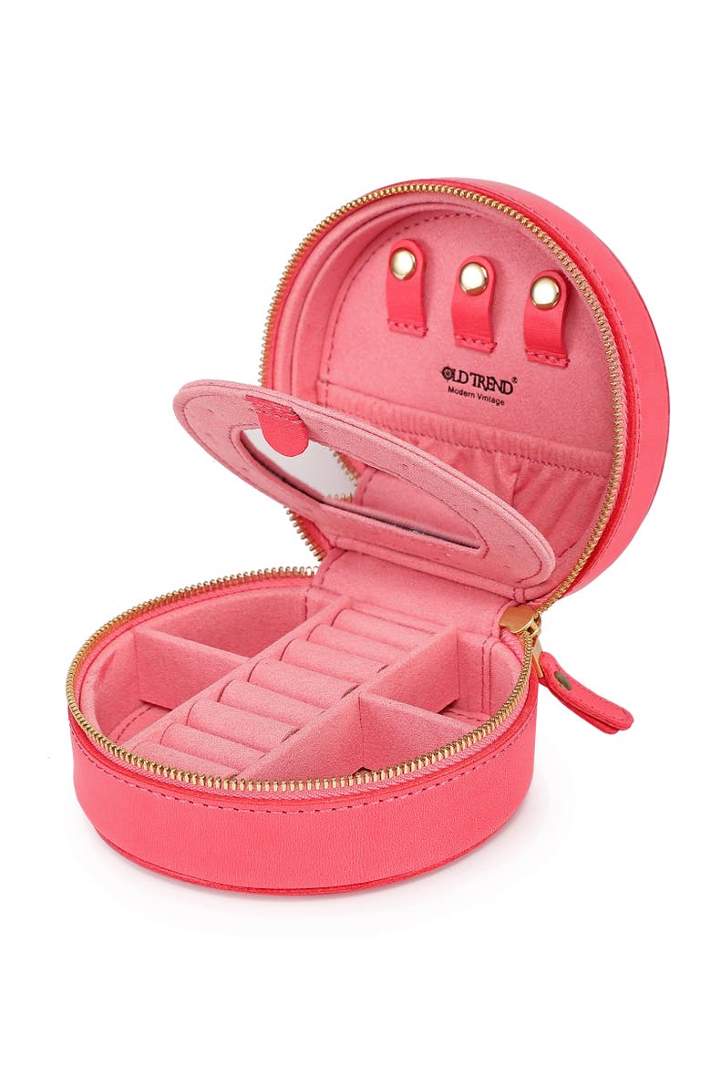 Round Genuine Leather Travel Jewelry Box, Alternate, color, Pink