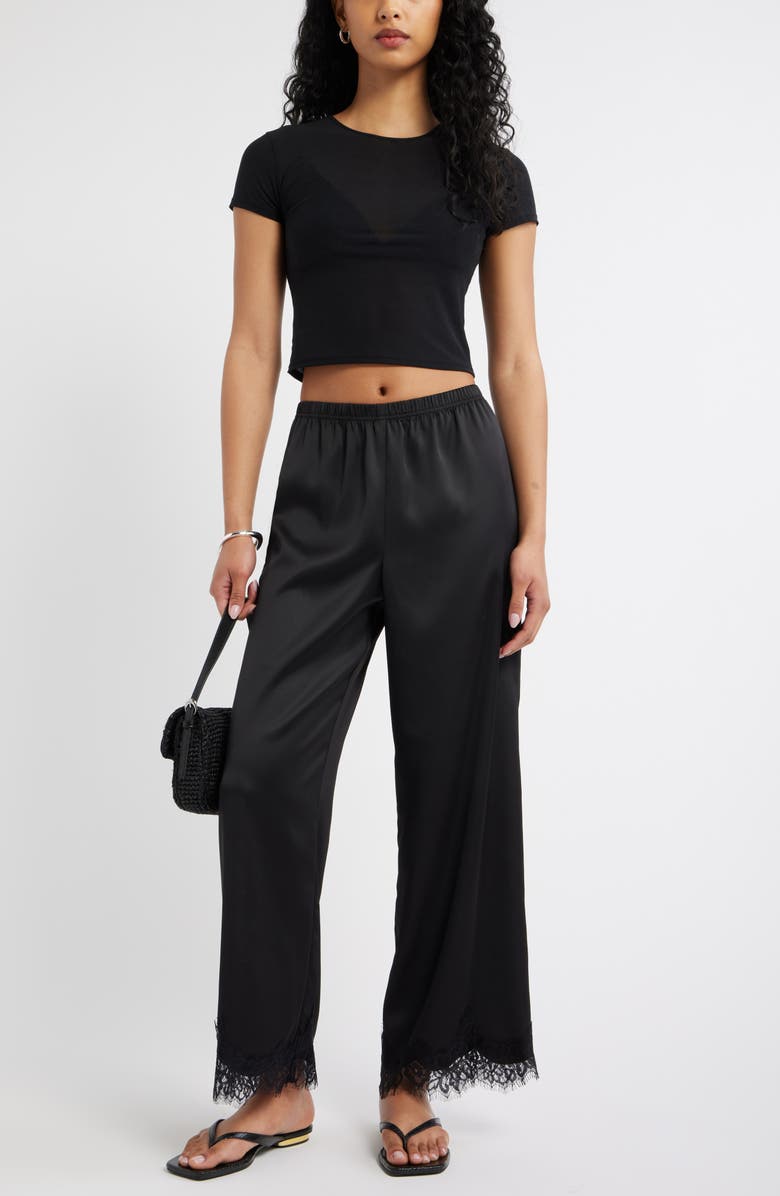 Open Edit Lace Trim Satin Pants, Alternate, color, Black