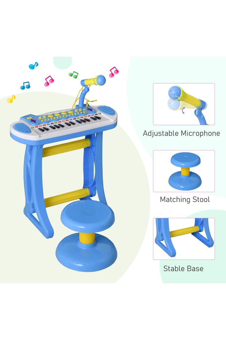 Kids Toy Keyboard Piano, Stool, Microphone, Flashlight, Alternate, color, Blue