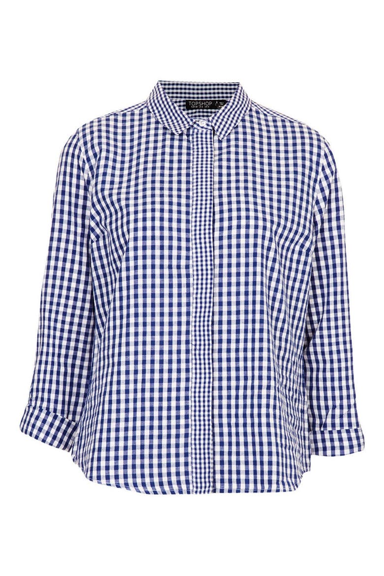 Mix Gingham Print Cotton Shirt, Alternate, color, BLUE