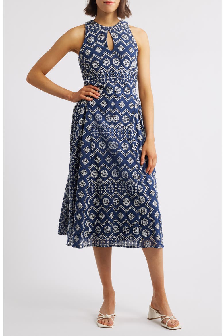 Soraia Eyelet Embroidery Midi Dress, Main, color, NAVY