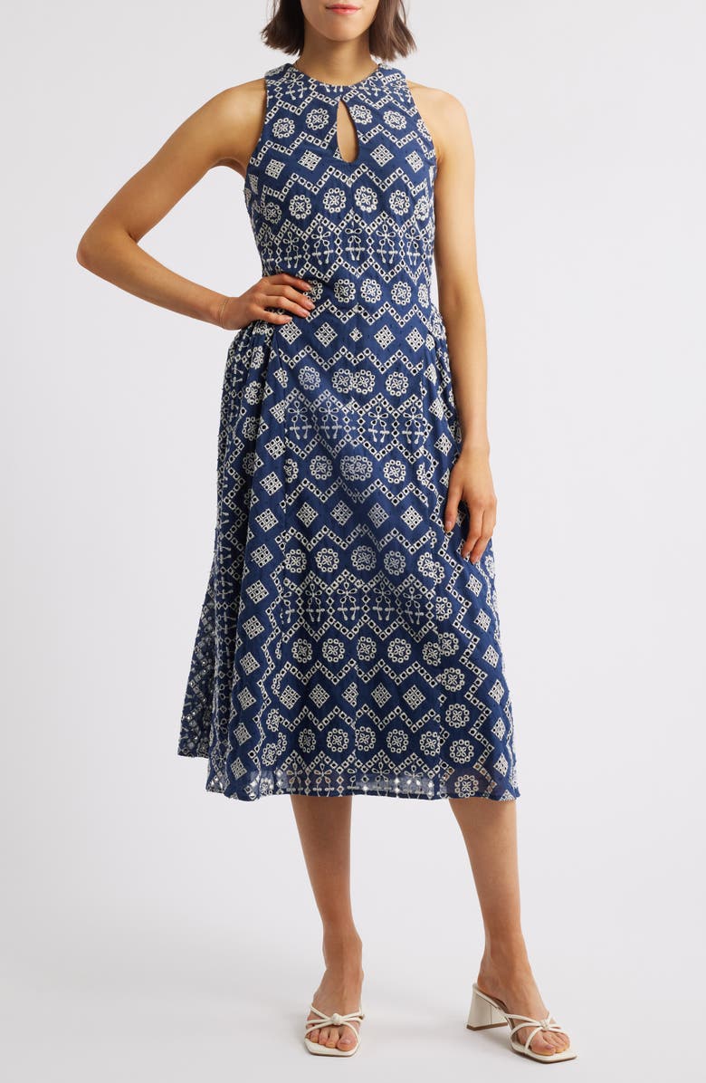 Adelyn Rae Soraia Eyelet Embroidery Midi Dress, Main, color, Navy