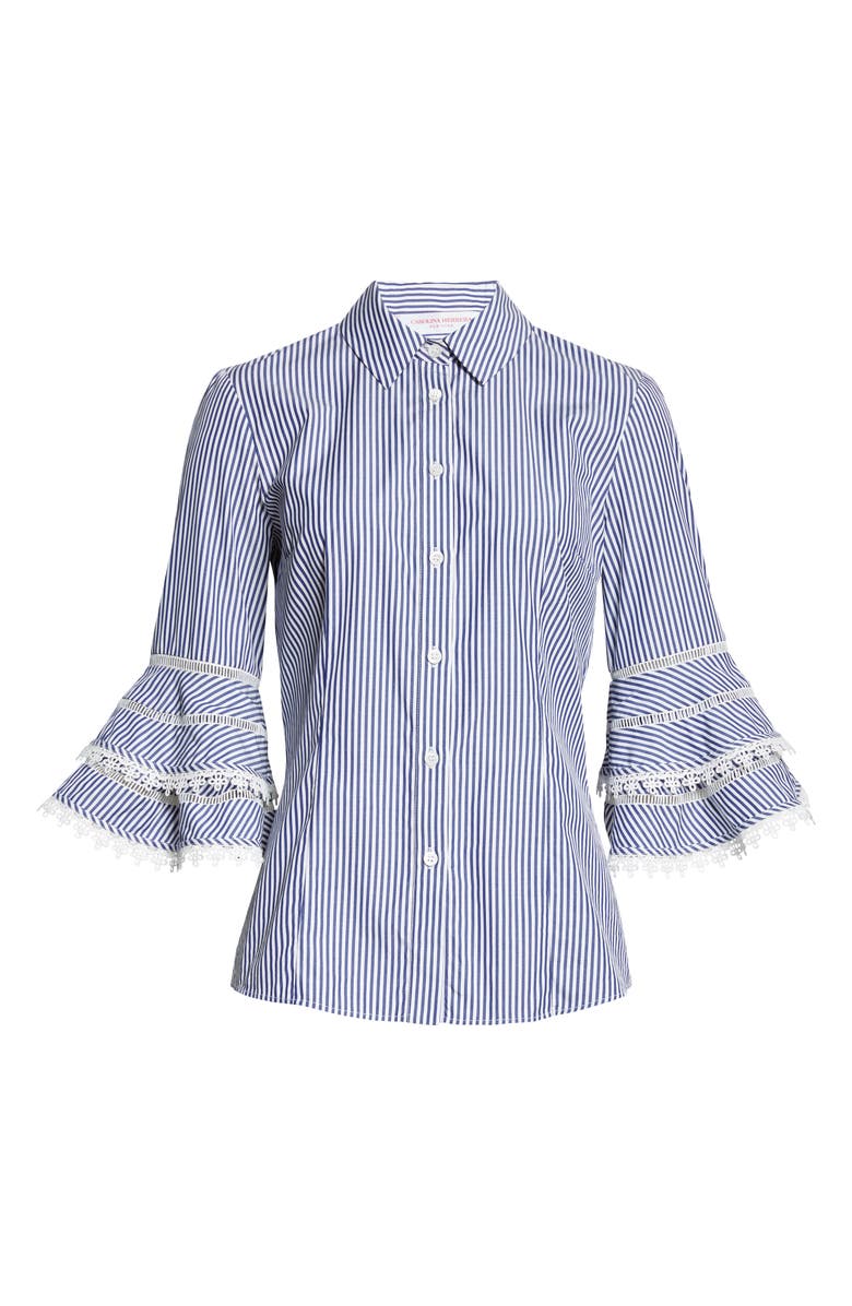 Carolina Herrera Stripe Tiered Ruffle Sleeve Belted Poplin Shirtdress, Alternate, color, White/ Blue