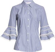 Carolina Herrera Stripe Tiered Ruffle Sleeve Belted Poplin Shirtdress