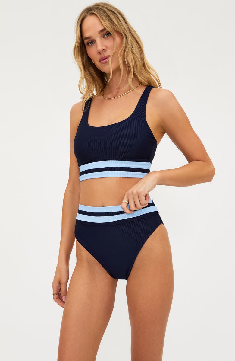 Beach Riot Thalia Stripe High Waist Rib Bikini Bottoms, Alternate, color, Ultramarine Colorblock