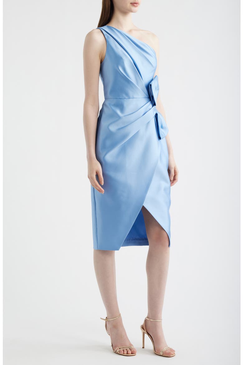 Pleated Bow One-Shoulder Mikado Cocktail Dress, Alternate, color, ICY TOPAZ