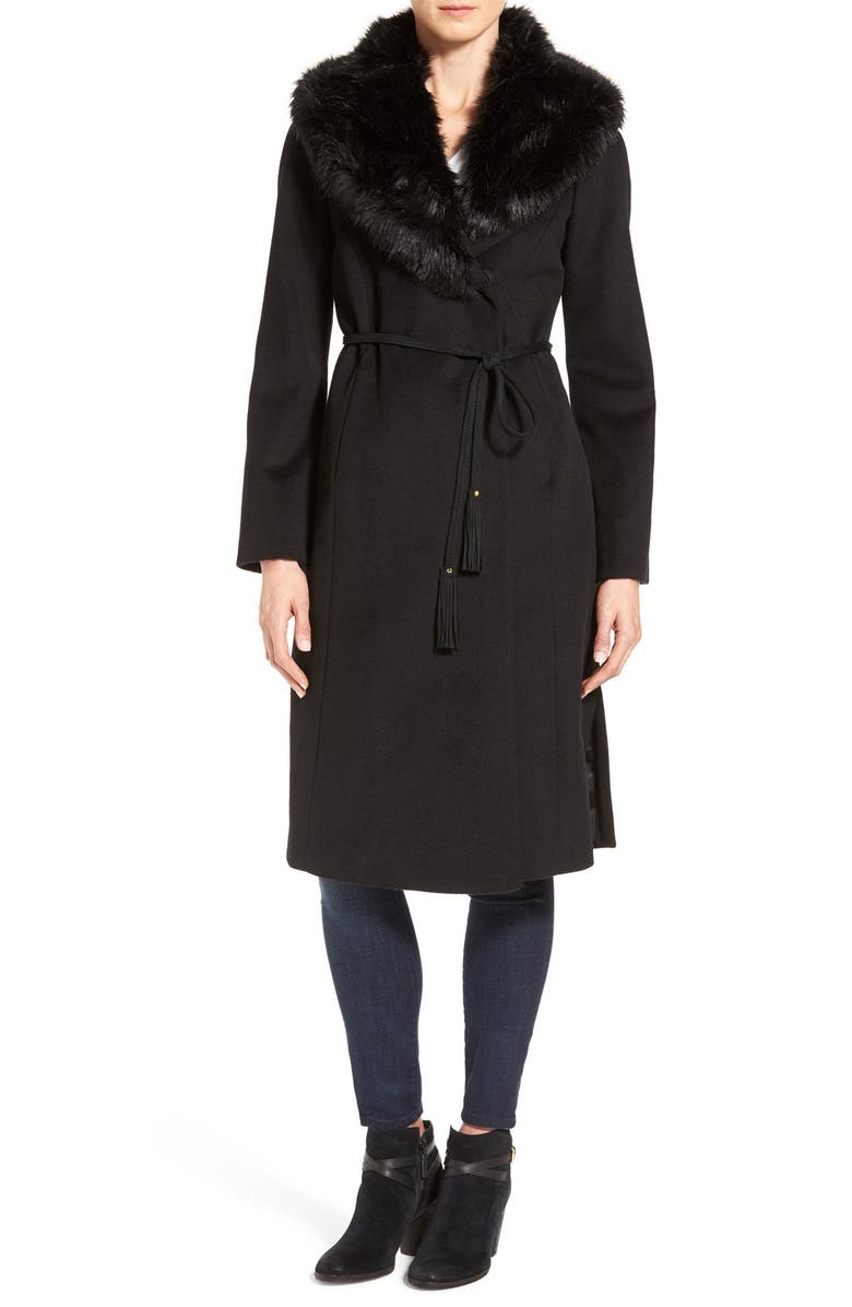 Via Spiga Faux Fur Shawl Collar Wool Blend Wrap Coat, Main, color,