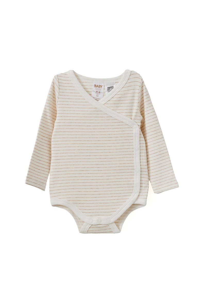 Organic Cross Over Long Sleeve Bubbysuit, Main, color, Caramel Fudge Marle Stripe