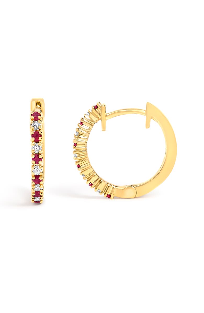Haus of Brilliance 10K Gold Alternating Diamond and Red Ruby Huggy Hoop Earrings, Alternate, color, Yellow