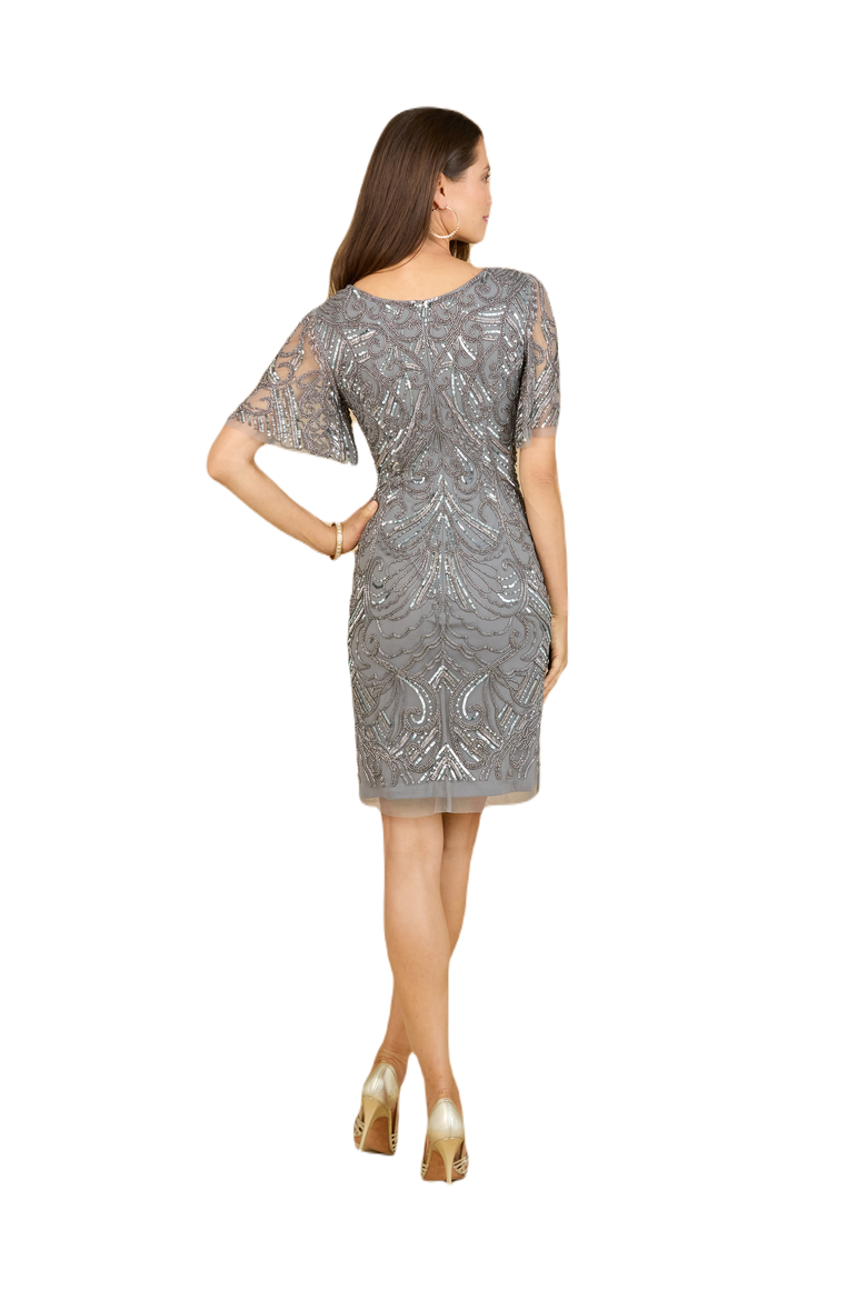 Beaded Cocktail Dress with Short Sleeves, Alternate, color, SmokeGrey