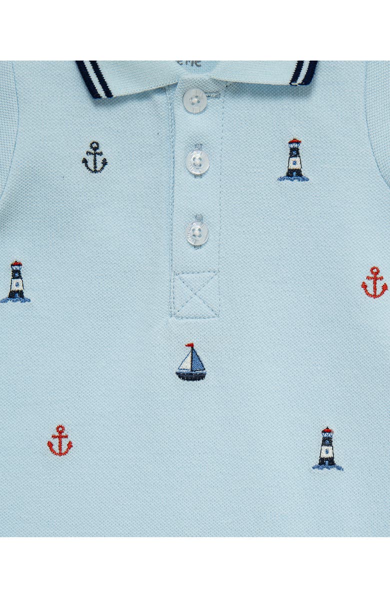 Little Me Nautical Embroidered Knit Romper & Hat Set, Alternate, color, Blue