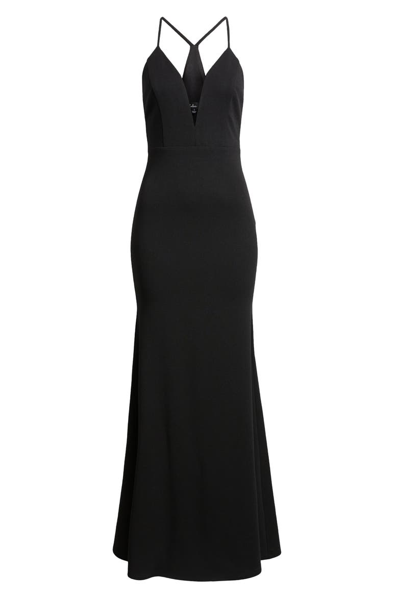 Amelia Plunge Neck Trumpet Gown, Alternate, color, BLACK