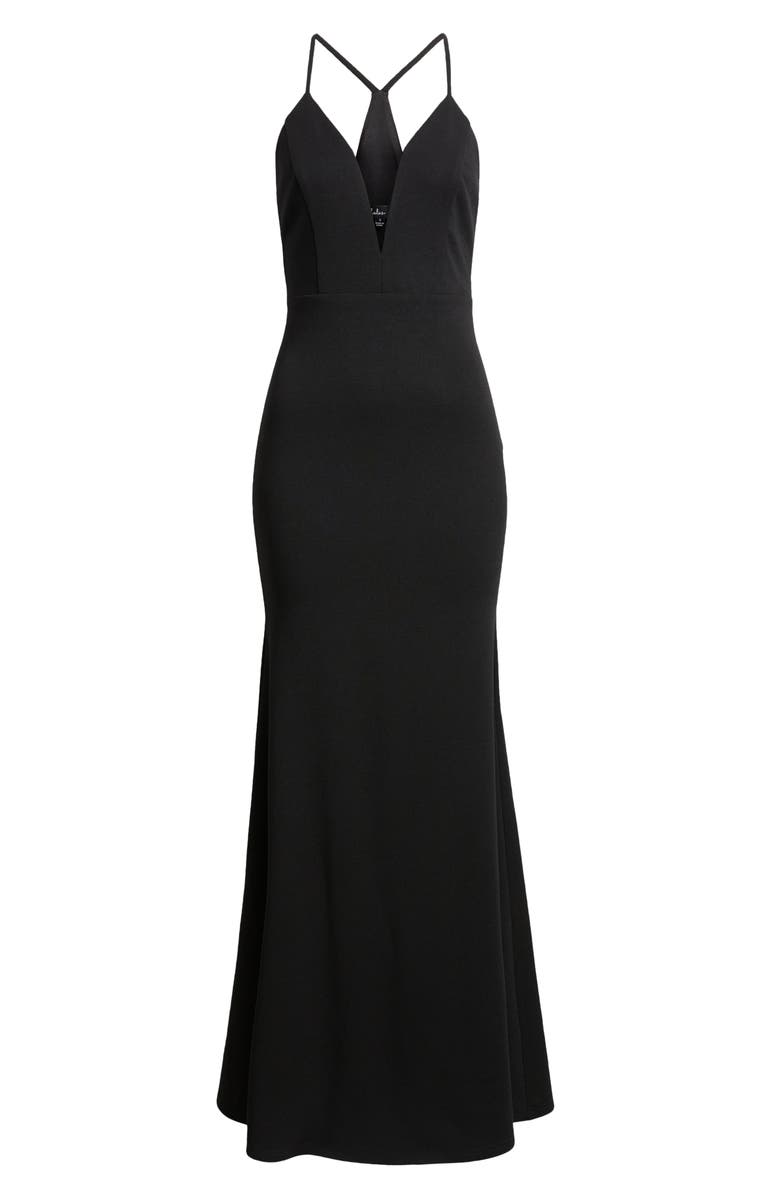 Lulus Amelia Plunge Neck Trumpet Gown, Alternate, color,