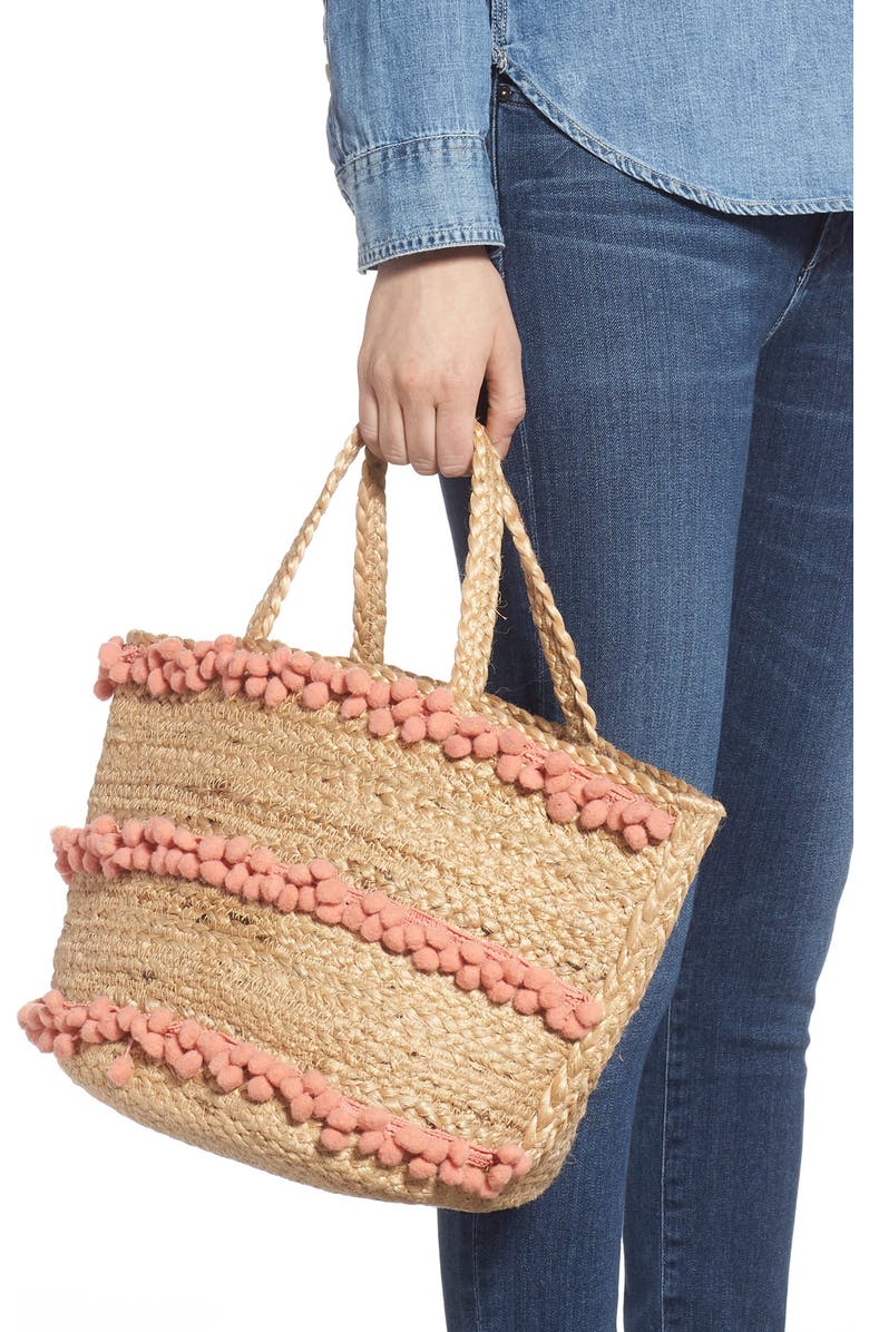 Shiraleah Aubrey Small Pompom Jute Tote, Alternate, color,