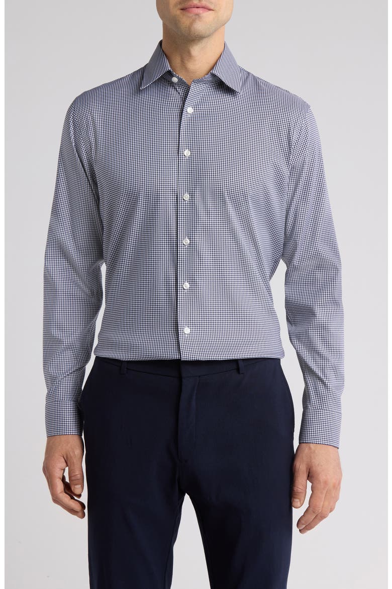 Trim Fit Gingham Premium Performance Dress Shirt, Main, color, NAVY GINGHAM CHECK