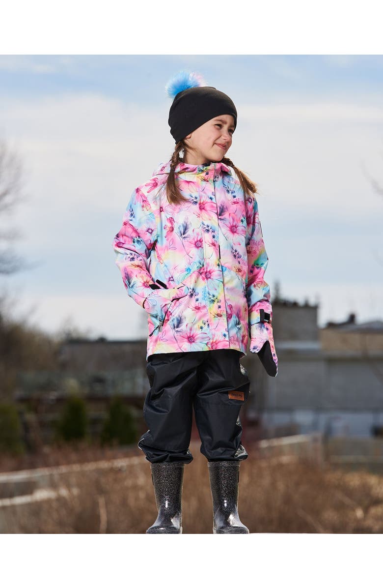 Deux par Deux Girl's 3-In-1 Mid-Season Outerwear Set With Printed Jacket Black And Multicolored Flowers, Alternate, color, 