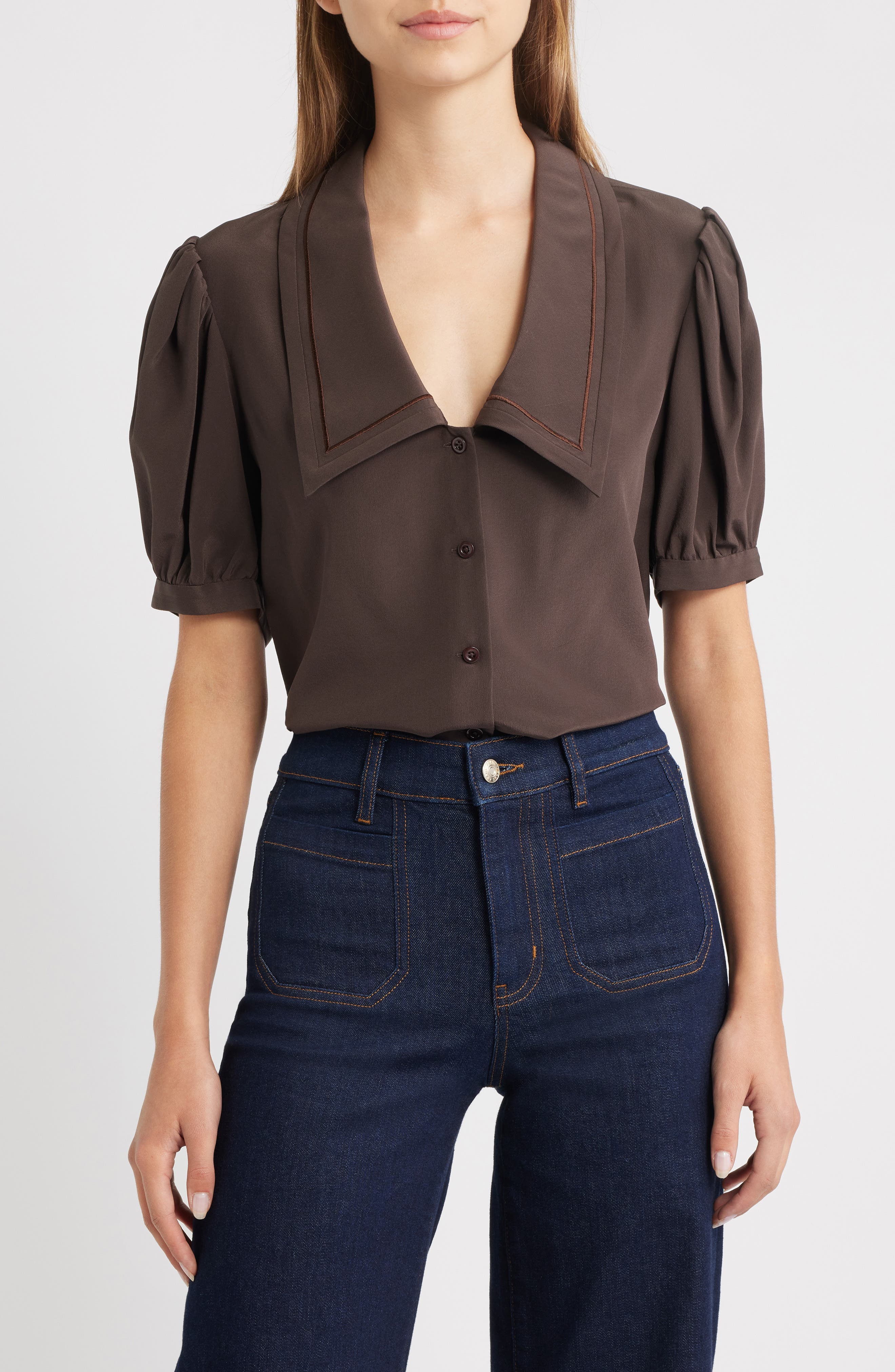 FRAME Sailor Puff Sleeve Silk Button-Up Shirt