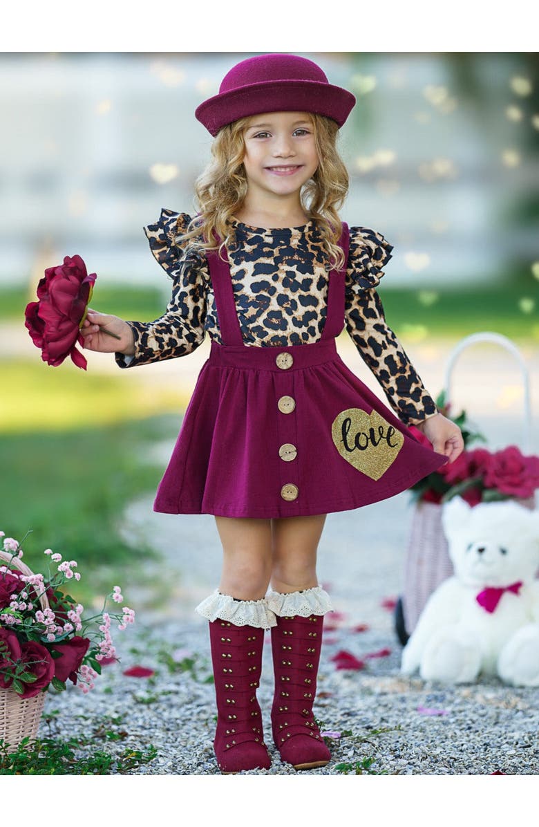 Mia Belle Girls Wild Love Suspender Skirt Set, Alternate, color, Red