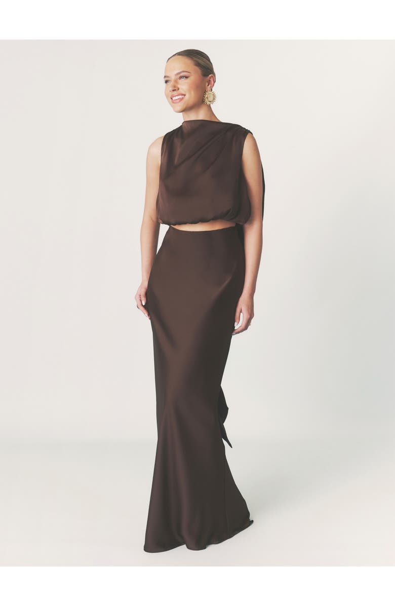 Six Stories Satin Drape Detail High Neck Top, Alternate, color, Chocolate